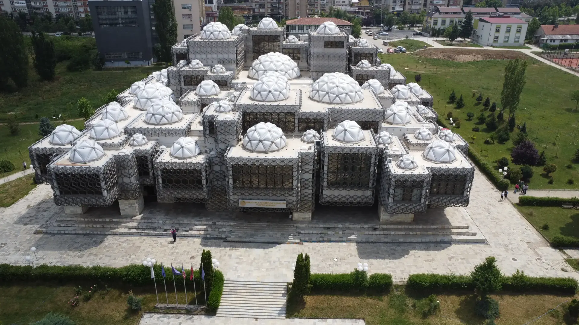 Aerial view of the National Library of Kosovo in Prishtina, its domed cubes wrapped in a metal lattice